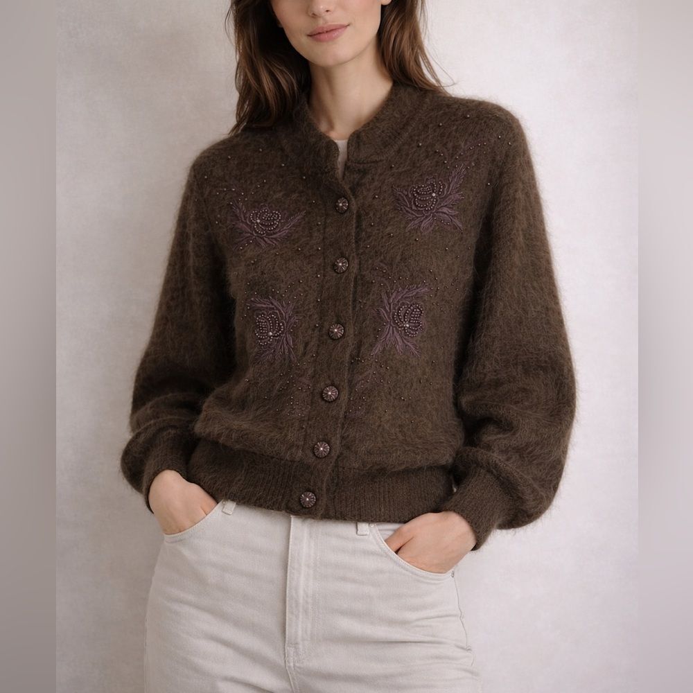 Vintage Eddie Dassin Angora Blend Cardigan Beaded Embroidered Brown Size L